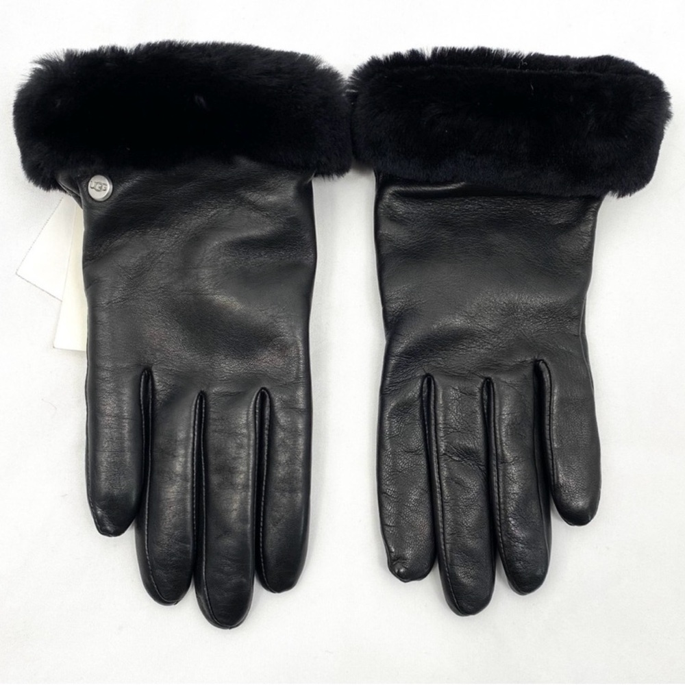 NEW UGG Womens Shorty-Cuff Leather Gloves Black SZ Small - Picture 2 of 6
